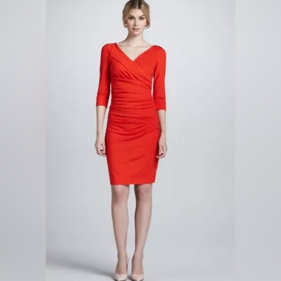DVF Bentley Three-Quarter Sleeve Ruched Dress In Red Size S Designer Classic - Picture 1 of 14